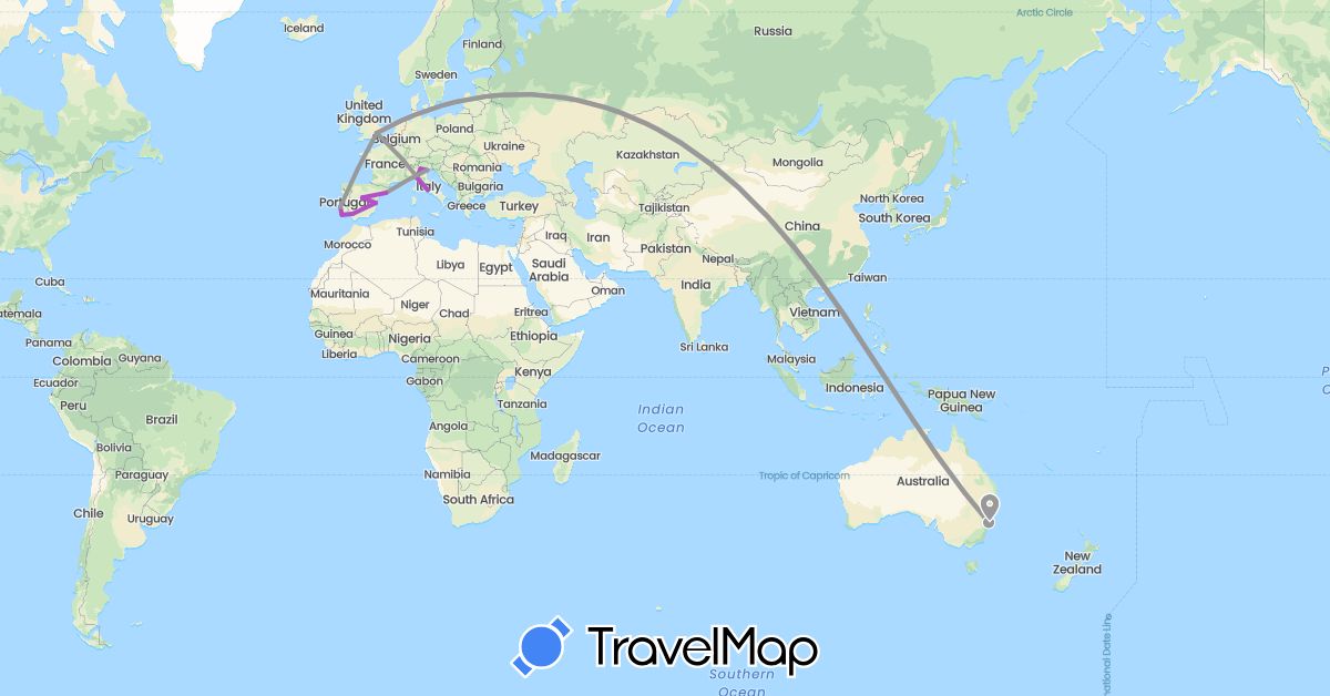 TravelMap itinerary: driving, plane, train in Australia, Spain, United Kingdom, Italy, Portugal (Europe, Oceania)